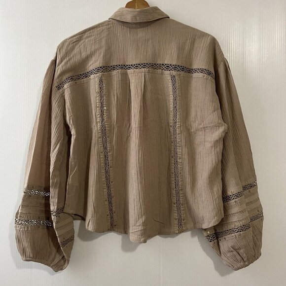Free People Summer Stars Puffy-Sleeve Button Down Crochet Trim Top XS Brown - Picture 3 of 16